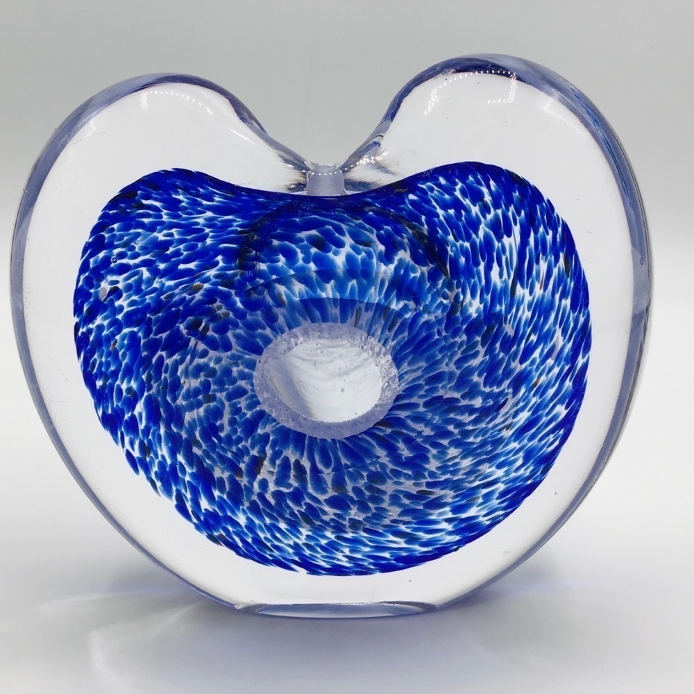 Art Glass Heart Vase Paperweight Clear Blue Spotted Studio Blown Unsigned